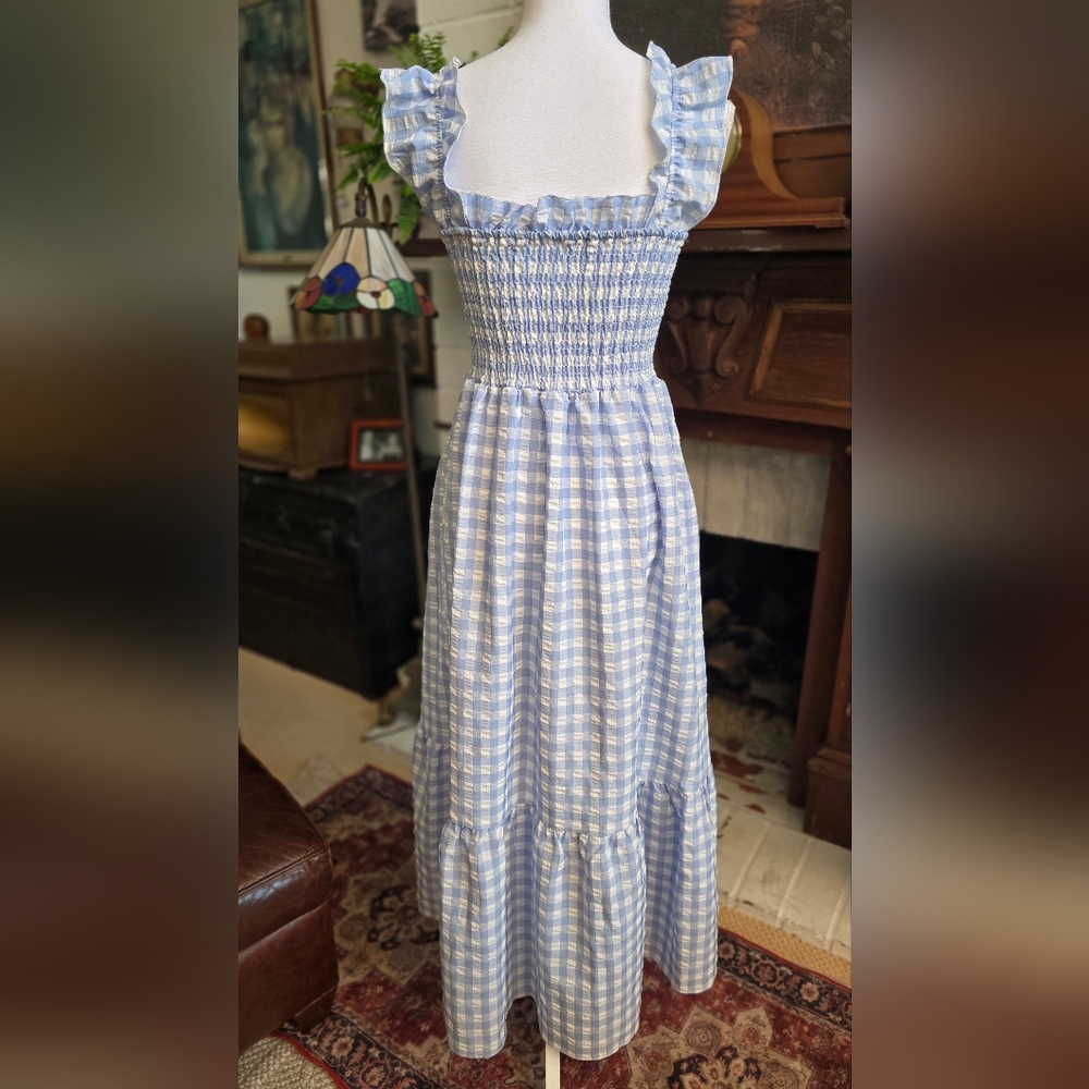 Smocked Square Neck Dress - Light Blue Gingham Size M-L - Picture 5 of 7